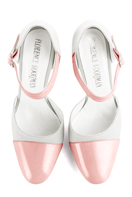 Light pink and pure white women's open side shoes, with an instep strap. Round toe. Very high slim heel. Top view - Florence KOOIJMAN